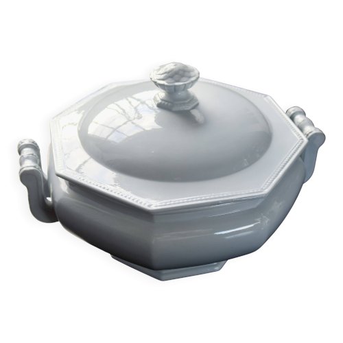 Soupière ancienne faïence Creil et Montereau motif Perle bleue