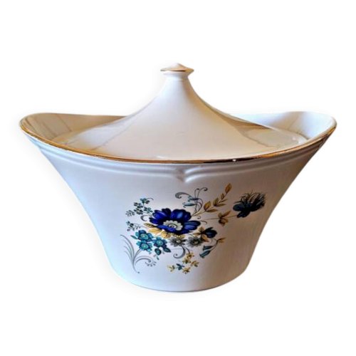 Soupière Moulin des Loups Volubilis, fleurs bleues et dorure