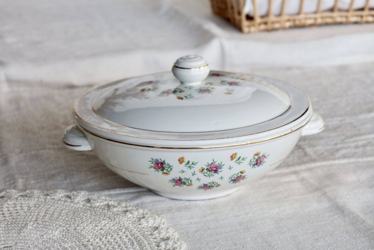 Soupière vintage faïence Lunéville - Modèle Christine - Décor fleuri