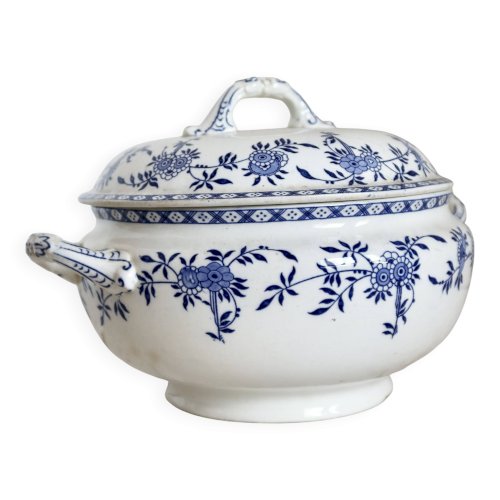 Soupière vintage porcelaine Dresden - Motif fleuri bleu et blanc