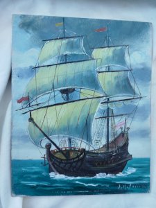 ancienne peinture par le peintre J Roger Sourgen (Landes) bateau voilier en mer Atlantique