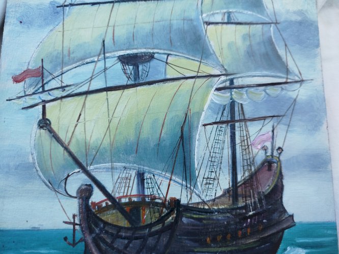 ancienne peinture par le peintre J Roger Sourgen (Landes) bateau voilier en mer Atlantique