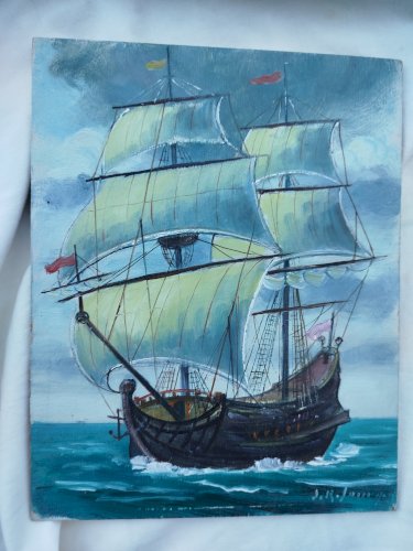 ancienne peinture par le peintre J Roger Sourgen (Landes) bateau voilier en mer Atlantique