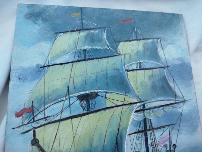 ancienne peinture par le peintre J Roger Sourgen (Landes) bateau voilier en mer Atlantique