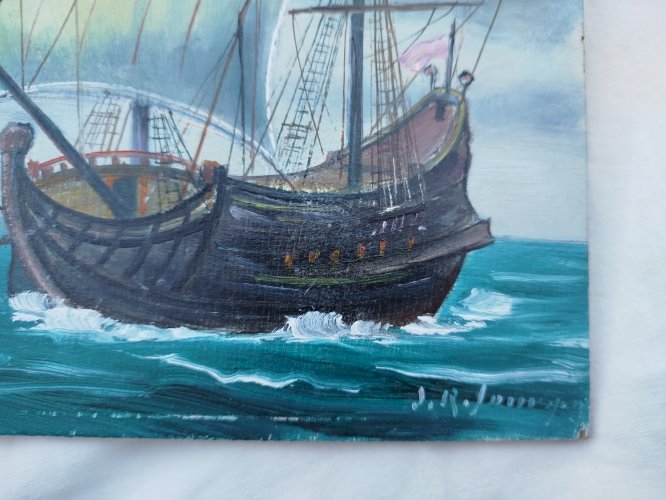 ancienne peinture par le peintre J Roger Sourgen (Landes) bateau voilier en mer Atlantique