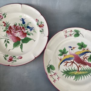 ST CLEMENCE 2 vintage plates earthenware floral decoration 44 and bird 62 Diam.~24.5cm