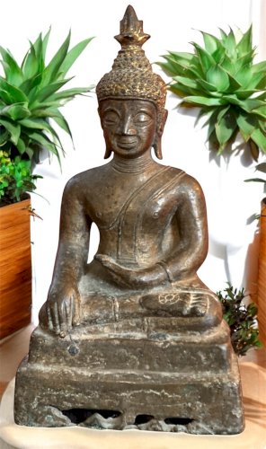 Statue Bouddha en bronze patiné – 25 cm – Authentique & raffinée