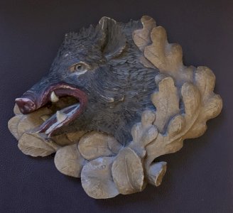 Hunting trophy wall-mounted statue, terracotta, 19th century, boar's head.