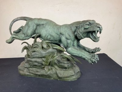 Statue Sculpture Animalier Panthères en chasse en savane Louis Albert Carvin