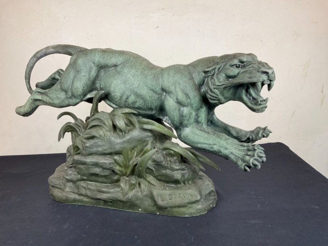 Statue Sculpture Animalier Panthères en chasse en savane Louis Albert Carvin