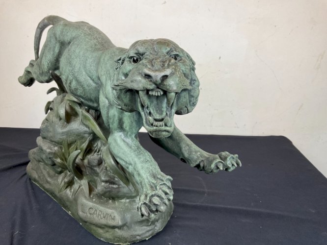 Statue Sculpture Animalier Panthères en chasse en savane Louis Albert Carvin