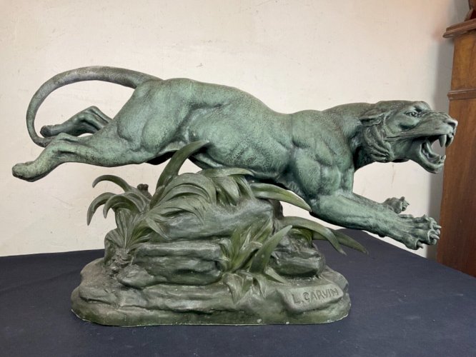Statue Sculpture Animalier Panthères en chasse en savane Louis Albert Carvin