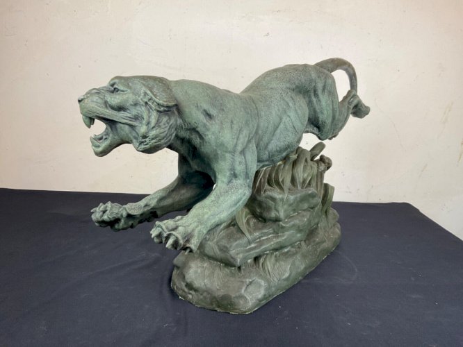 Statue Sculpture Animalier Panthères en chasse en savane Louis Albert Carvin