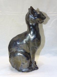 -STATUE SUJET CHAT PLATRE EMAILLE EMAIL NOIR Signé VB COLLECTION DECO XXe    D