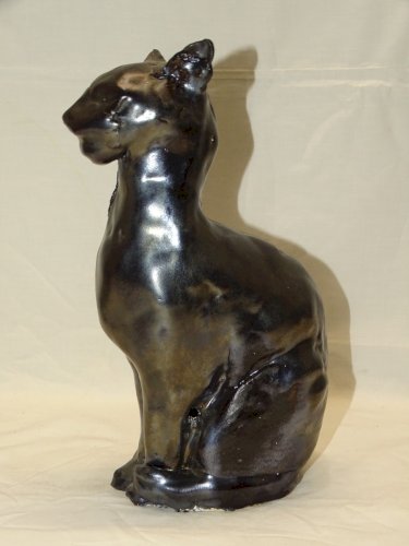 -STATUE SUJET CHAT PLATRE EMAILLE EMAIL NOIR Signé VB COLLECTION DECO XXe    D