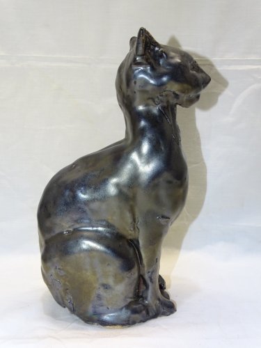 -STATUE SUJET CHAT PLATRE EMAILLE EMAIL NOIR Signé VB COLLECTION DECO XXe    D