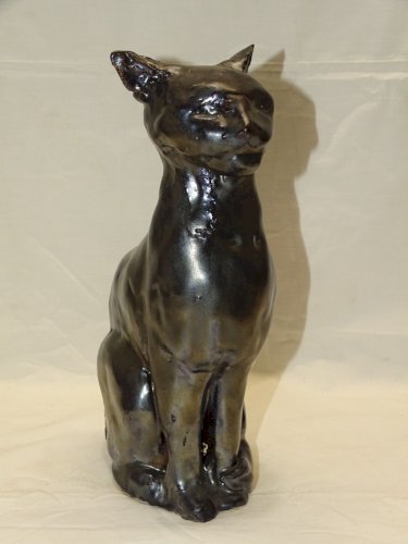 -STATUE SUJET CHAT PLATRE EMAILLE EMAIL NOIR Signé VB COLLECTION DECO XXe    D