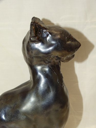 -STATUE SUJET CHAT PLATRE EMAILLE EMAIL NOIR Signé VB COLLECTION DECO XXe    D