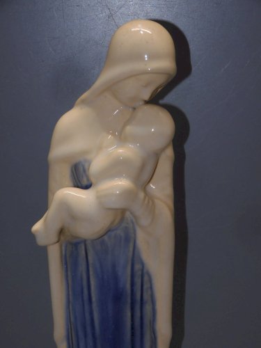 -STATUE VIERGE MARIE A L'ENFANT CERAMIQUE Signée  SF VERRIERES  RELIGION  D