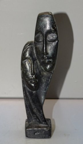 -STATUETTE BRONZE PEINT NOIR COUPLE DEVOTION CYCLADES? DECO VITRINE COLLECTION D