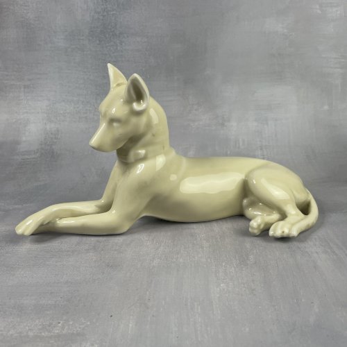 Statuette de chien en porcelaine beige crème sans marque Haut.~12cm