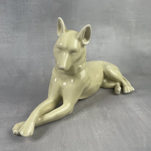 Statuette de chien en porcelaine beige crème sans marque Haut.~12cm