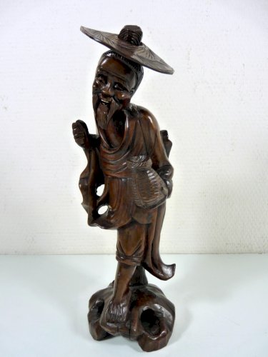 Statuette en Buis Sculpté Japon XIX° SAGE, TBE H - 32 cm
