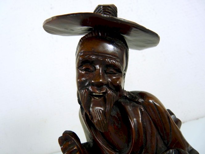 Statuette en Buis Sculpté Japon XIX° SAGE, TBE H - 32 cm