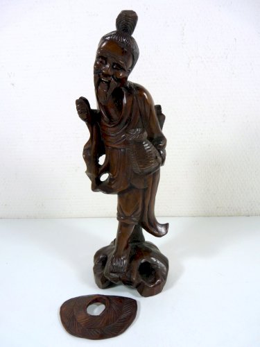 Statuette en Buis Sculpté Japon XIX° SAGE, TBE H - 32 cm