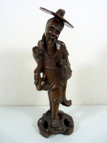 Statuette en Buis Sculpté Japon XIX° SAGE, TBE H - 32 cm