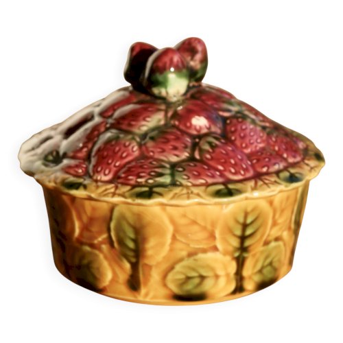 Sucrier ancien en barbotine Sarreguemines – Décor fraises