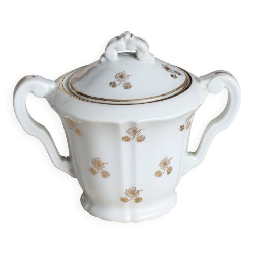 Sucrier ancien en porcelaine PFC France à double anses – Décor fleuri doré