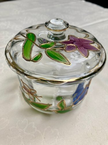 Sucrier bonbonnière en verre émaillé décor floral 
