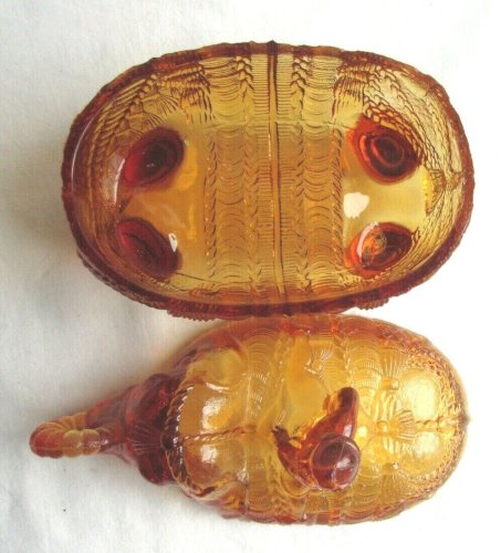 Sucrier, Bonbonnière verre ambre: Cornac sur son éléphant, signé Portieux