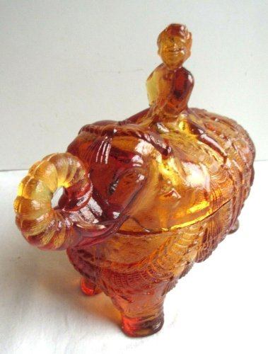 Sucrier, Bonbonnière verre ambre: Cornac sur son éléphant, signé Portieux