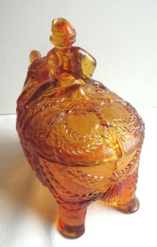 Sucrier, Bonbonnière verre ambre: Cornac sur son éléphant, signé Portieux