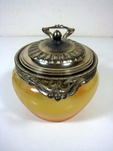 Sucrier Couvert Verre Peint Schneider Monture Etain Décor Signé Verçais TBE