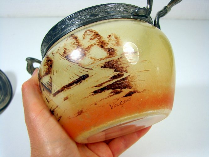 Sucrier Couvert Verre Peint Schneider Monture Etain Décor Signé Verçais TBE