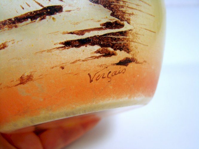 Sucrier Couvert Verre Peint Schneider Monture Etain Décor Signé Verçais TBE