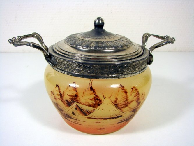 Sucrier Couvert Verre Peint Schneider Monture Etain Décor Signé Verçais TBE