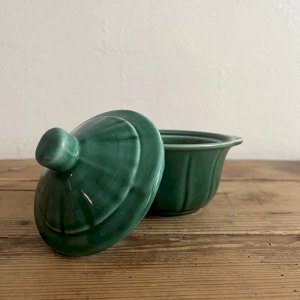 Cracked green earthenware sugar bowl