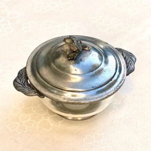 Glass and pewter sugar bowl with floral decoration