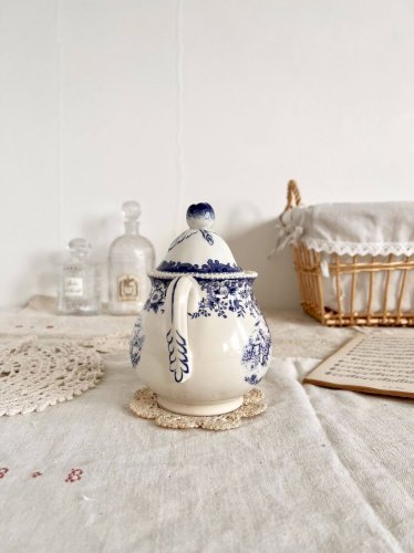 Sucrier vintage porcelaine blanc bleu anses décor peint à la main romantique