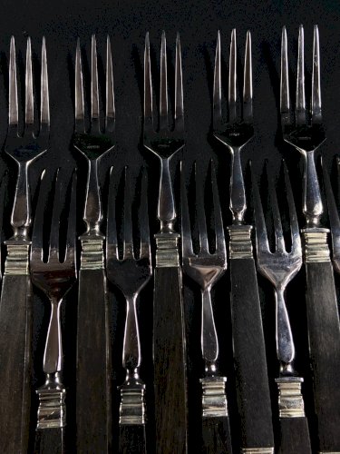 Suite de 12 fourchettes à dessert, à entremets manche bois style Art déco
