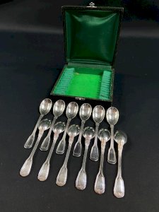 Set of 12 small silver-plated moka spoons in Louis XV filet pattern.