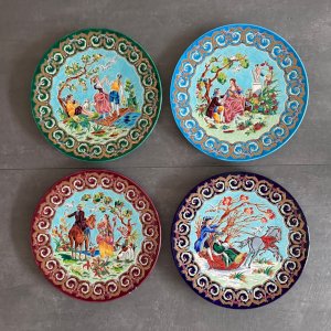 Set of 4 plates Longwy enamels the 4 seasons by Hélène Gabet 20th century M3990