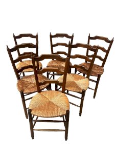 Set of six rustic chairs with straw seats XX century