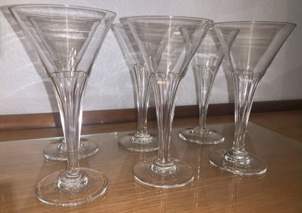 set of six Art Deco hollow leg champagne flutes cut blown glass
