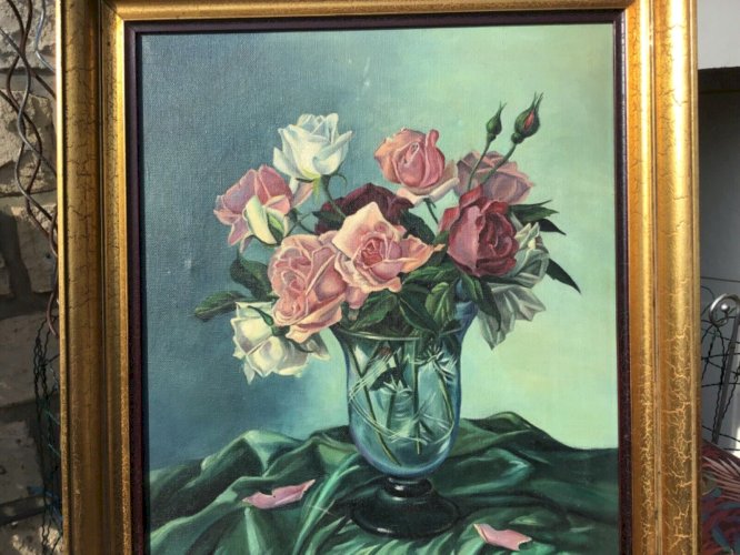 Superb Tableau huile sur toile signé R. KILTGEN bouquet de roses cadre bois doré