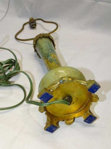 -SUPERBE ANCIEN PIED DE LAMPE PIED BRONZE CORPS CERAMIQUE à CRISTALLISATIONS   D